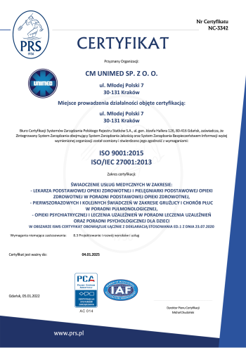 Certyfikat ISO 9001:2015, ISO/IEC 27001:2013 Centrum Medycznego Unimed